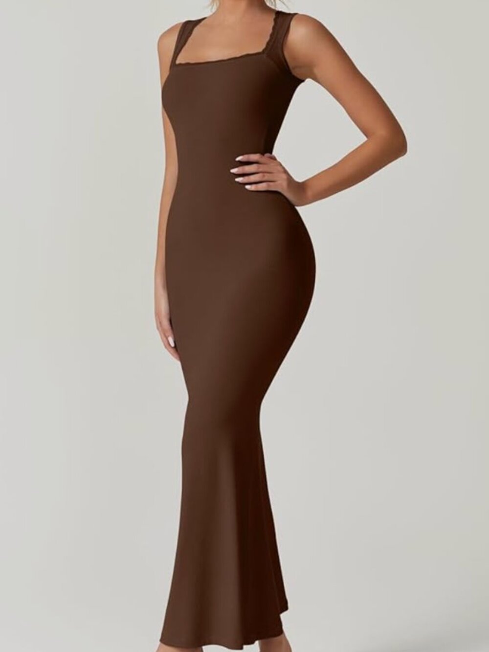 QINSEN Square Neck with Lace Detail Long Brown Maxi Dress